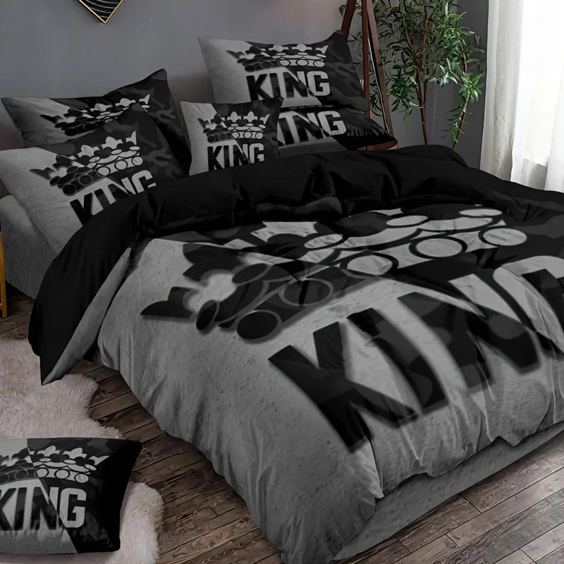 Grey and Black King Size Bed Pattern Down Duvet Cover Set, Soft and Comfortable Bedroom and Dormitory Decoration Bedding Set