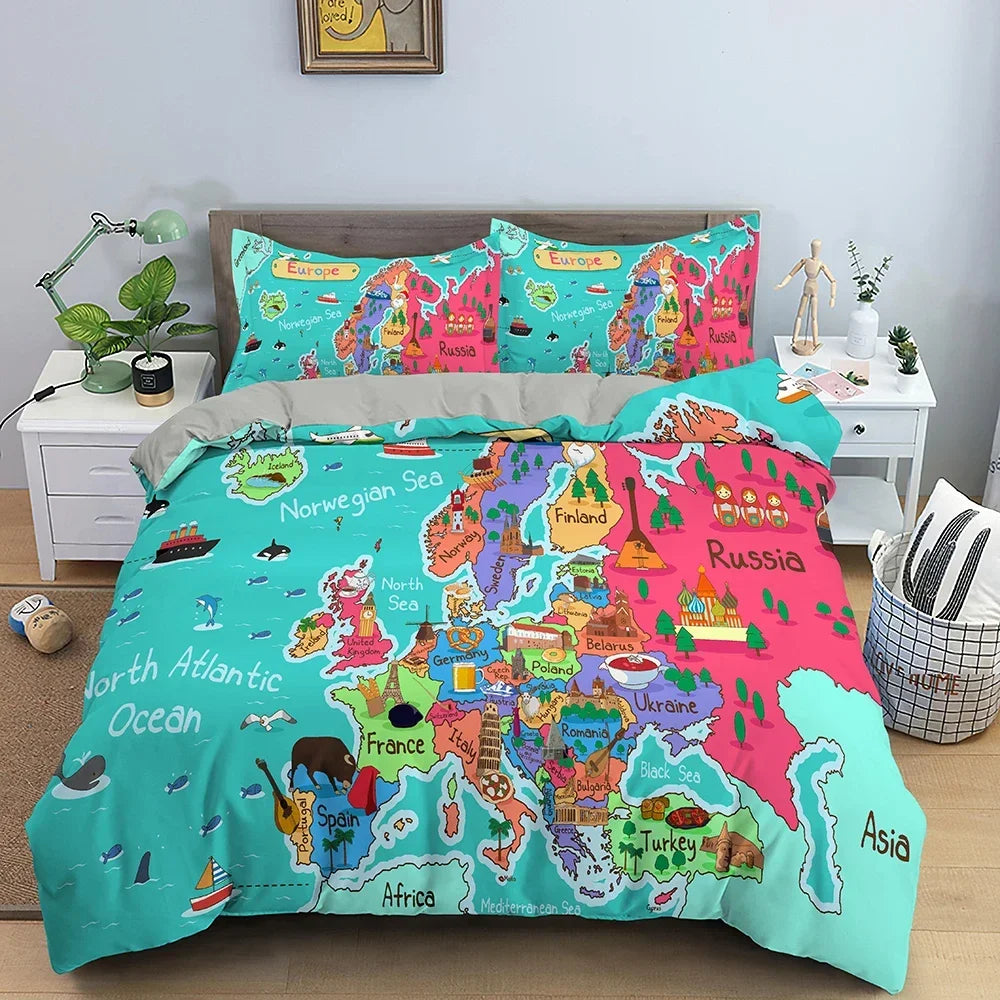 Map Pattern Bedding Set Luxury Cozy Duvet Cover Set For Bedroom Decor King Queen Full Quilt Cover Pillowcase Bedclothes 2/3Pcs