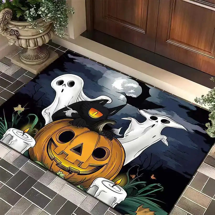 1pc Halloween Rug Lovely Cat Ghost Pumpkin 3D Print Non-slip Rug Entrance Mat Home Living Room Bedroom Ornament Halloween Decor