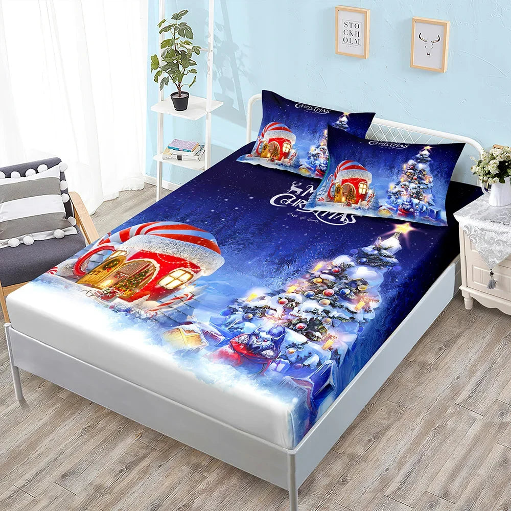 Winter Printed Fitted Sheet Santa Claus Snowflake Polyester Elastic Band Mattress Cover Pillowcase Fashion Bedding Bedroom Decor