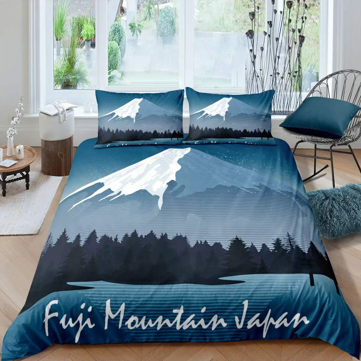 Japanese-Style Duvet Cover Set for Girl Polyester Mount Fuji Comforter Cover Cherry Blossoms Flower Ink Hand Painted Quilt Cover
