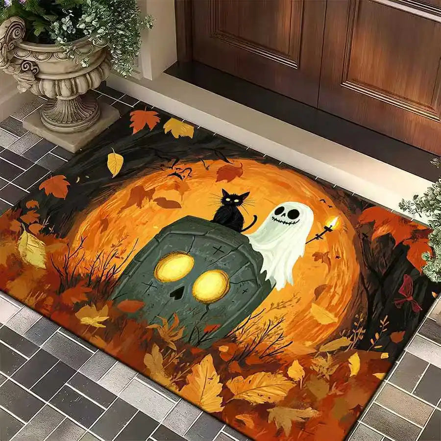 1pc Halloween Rug Lovely Cat Ghost Pumpkin 3D Print Non-slip Rug Entrance Mat Home Living Room Bedroom Ornament Halloween Decor