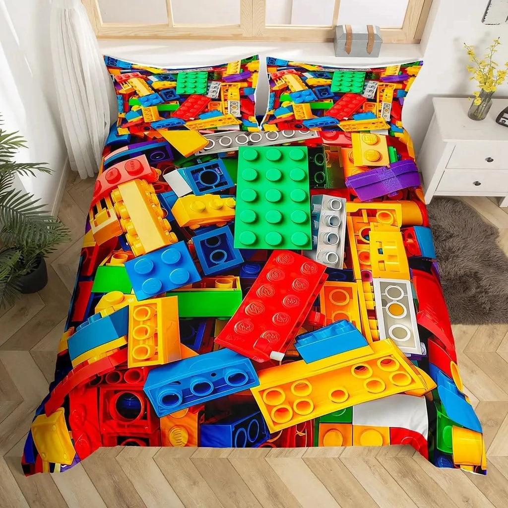 Construction Bedding Set Colorful Polyester Comforter Cover 3D Building Blocks Duvet Cover Kids Boys Rainbow Bricks Quilt Cover