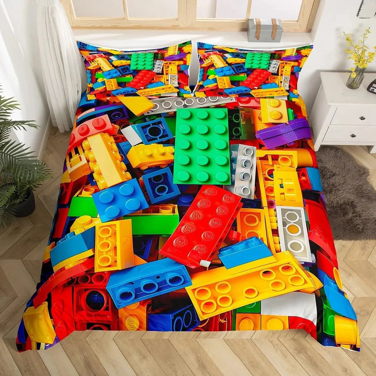 Construction Bedding Set Colorful Polyester Comforter Cover 3D Building Blocks Duvet Cover Kids Boys Rainbow Bricks Quilt Cover