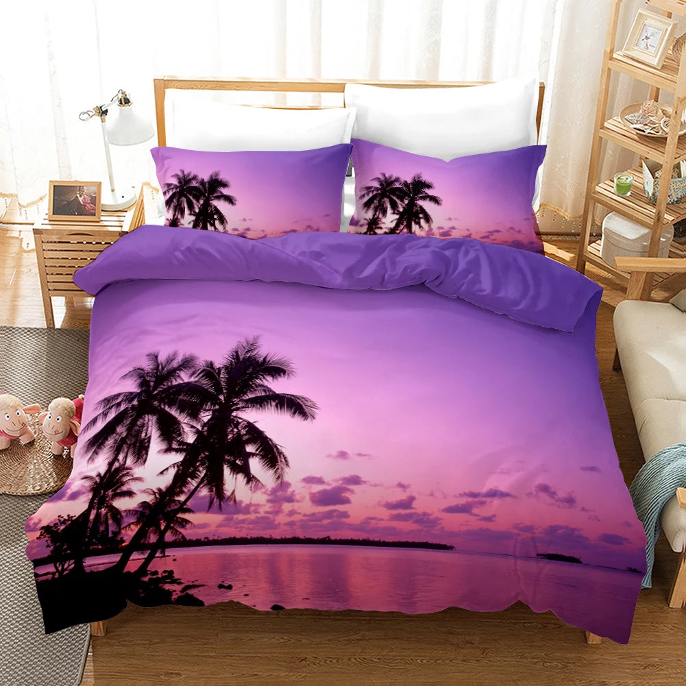 Beach Duvet Cover Set Polyester Tropical Island with The Palm Tree and Sea Beach Nature Theme Double Queen King Size Quilt Cover