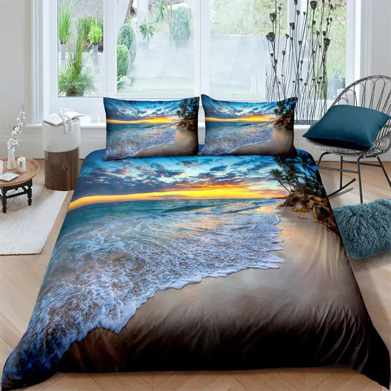 Beach Duvet Cover Set Polyester Tropical Island with The Palm Tree and Sea Beach Nature Theme Double Queen King Size Quilt Cover