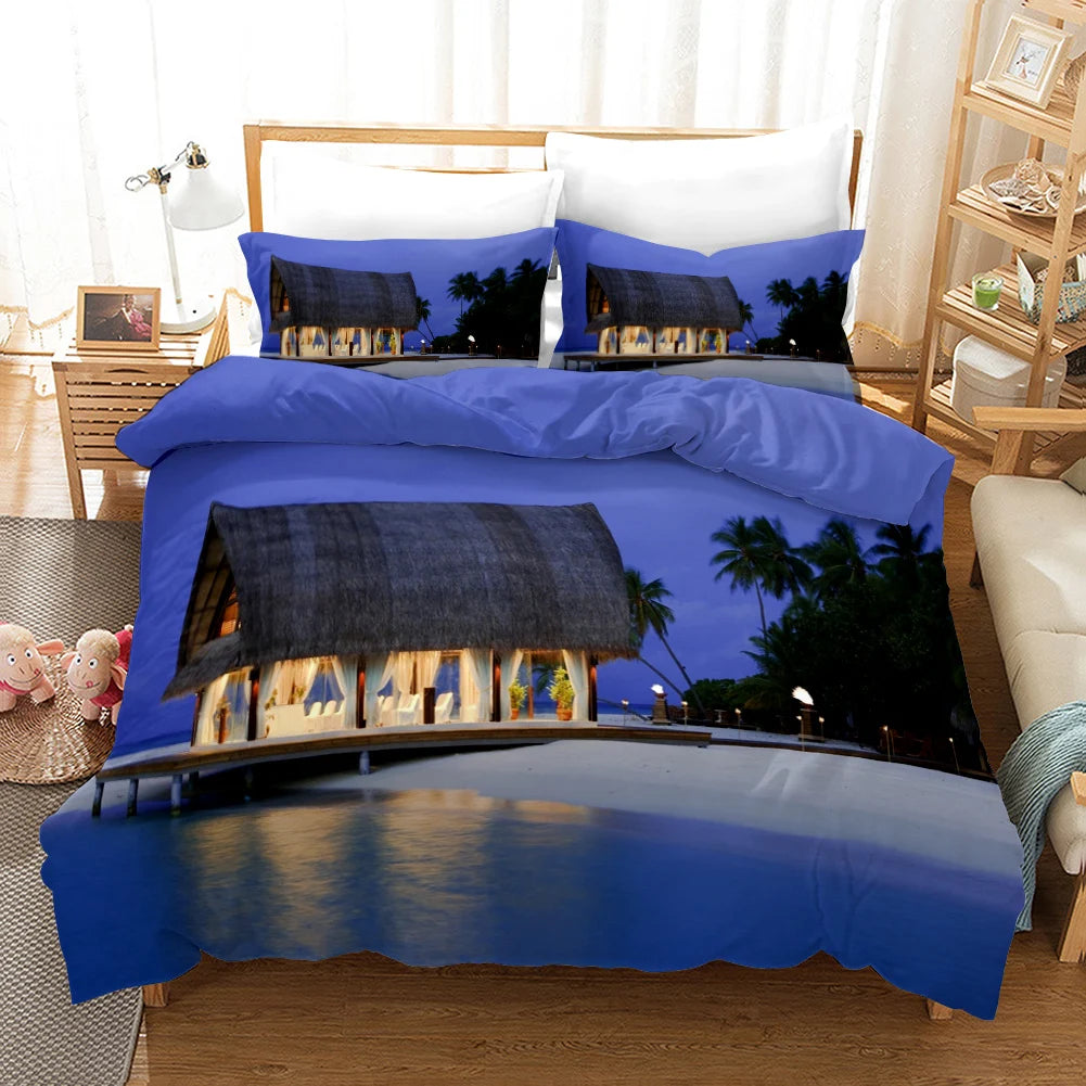 Beach Duvet Cover Set Polyester Tropical Island with The Palm Tree and Sea Beach Nature Theme Double Queen King Size Quilt Cover
