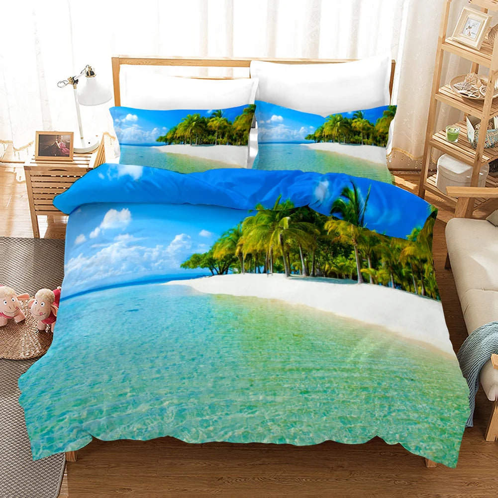 Beach Duvet Cover Set Polyester Tropical Island with The Palm Tree and Sea Beach Nature Theme Double Queen King Size Quilt Cover