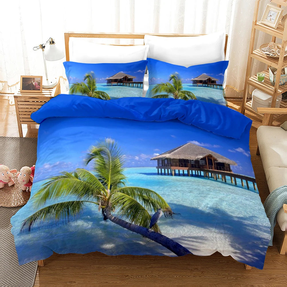 Beach Duvet Cover Set Polyester Tropical Island with The Palm Tree and Sea Beach Nature Theme Double Queen King Size Quilt Cover