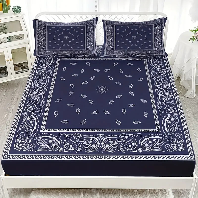 Black Paisley Mandala Fitted Sheet Set Bohemian Style Mattress Covers Soft Breathable  With Deep Pocket for Bedroom