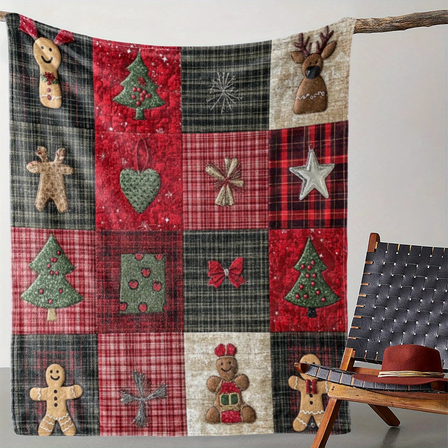 1pc Rustic Plaid Christmas Star Gingerbread Man Christmas Tree Floral Print Throw Blanket, Soft Warm Knitted Polyester Flannel
