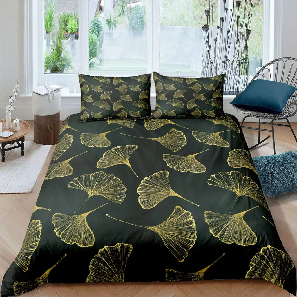 Ginkgo Leaf Duvet Cover Queen Natural Botanical Bedding Set Plants Rustic Farmhouse Comforter Cover Abstract Leaves Quilt Cover