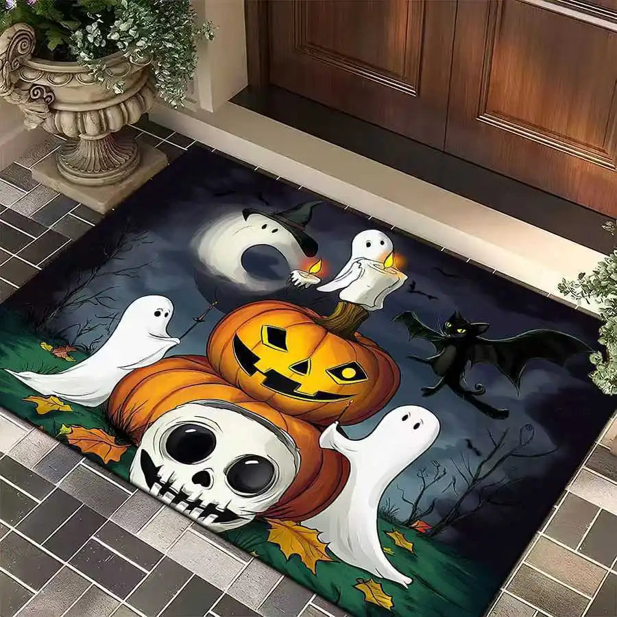 1pc Halloween Rug Lovely Cat Ghost Pumpkin 3D Print Non-slip Rug Entrance Mat Home Living Room Bedroom Ornament Halloween Decor