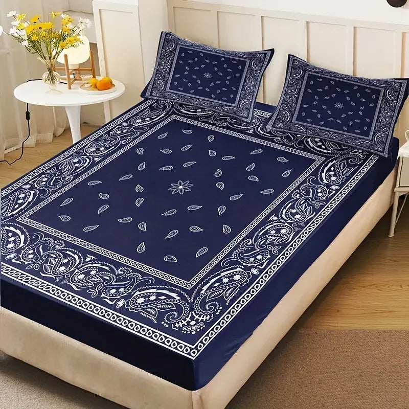 Black Paisley Mandala Fitted Sheet Set Bohemian Style Mattress Covers Soft Breathable  With Deep Pocket for Bedroom