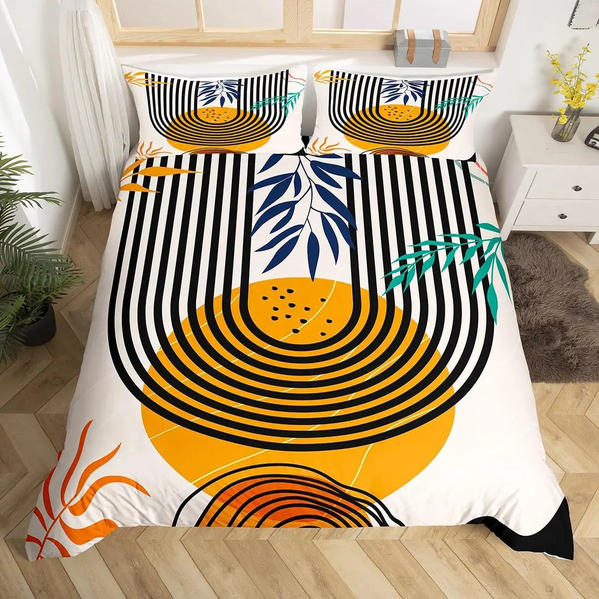 Mid Century Modern Duvet Cover Set King Abstract Geometric Balance Shapes Rainbow Sun Circles Boho Comforter Cover Bedding Sets