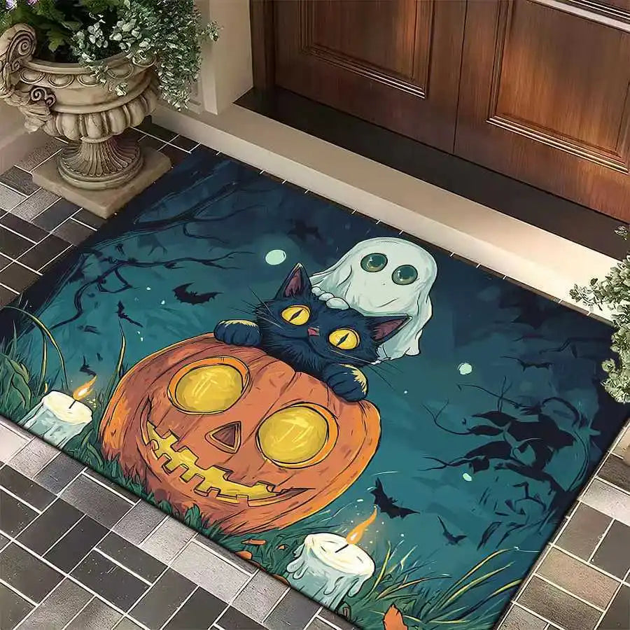 1pc Halloween Rug Lovely Cat Ghost Pumpkin 3D Print Non-slip Rug Entrance Mat Home Living Room Bedroom Ornament Halloween Decor