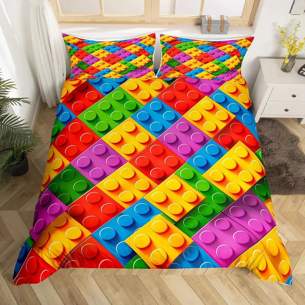 Construction Bedding Set Colorful Polyester Comforter Cover 3D Building Blocks Duvet Cover Kids Boys Rainbow Bricks Quilt Cover