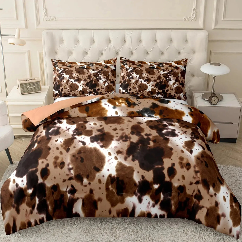 Brown Cow Print Comforter Set Queen King Size, Farmhouse Cow Print Bedding Set With 1/2 Matching Pillowcases Bedroom Decoration