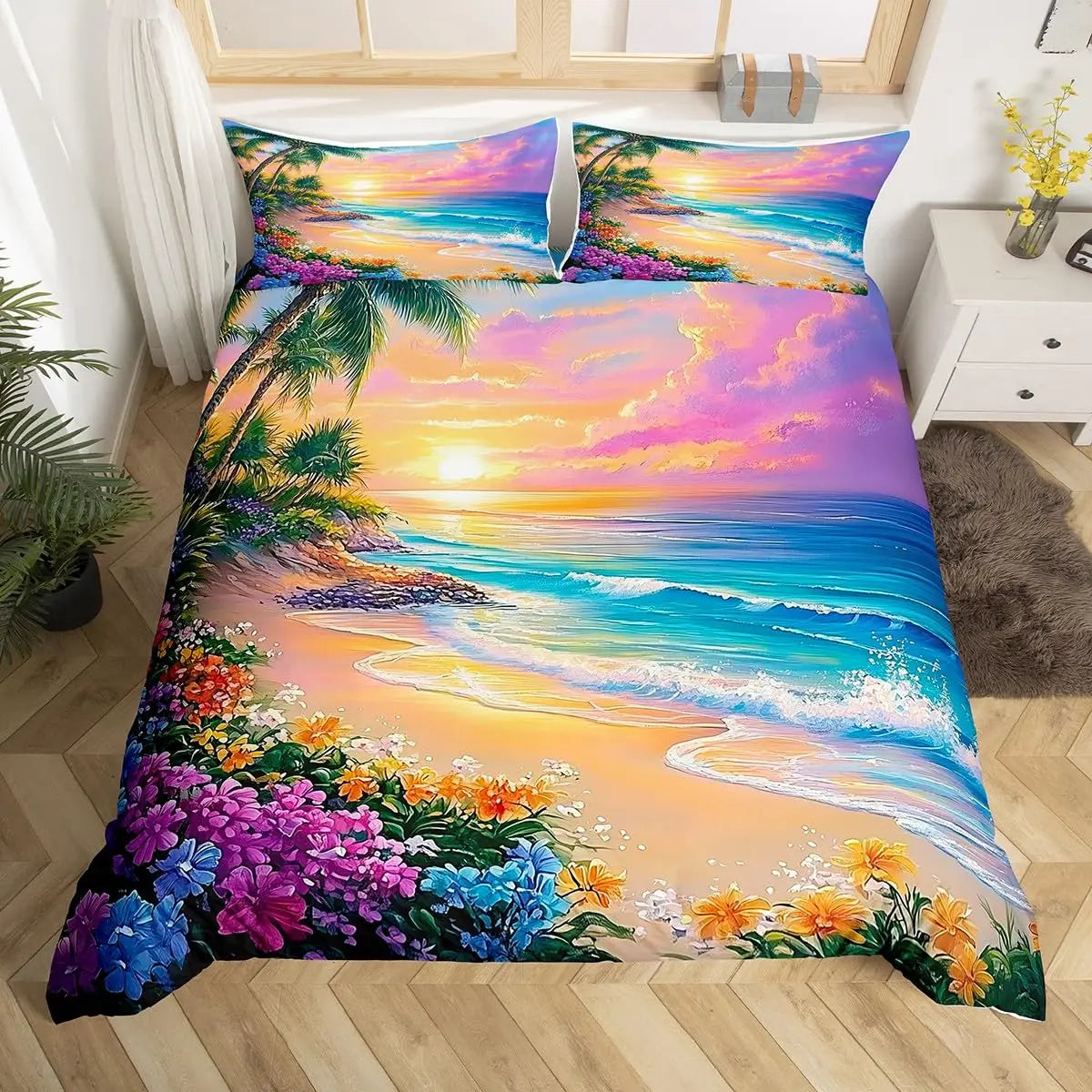Beach Theme Duvet Cover Twin Queen Size Hawaiian Beach Ocean Bedding Set For Boys Girls Summer Holiday Vacation Comforter Cover