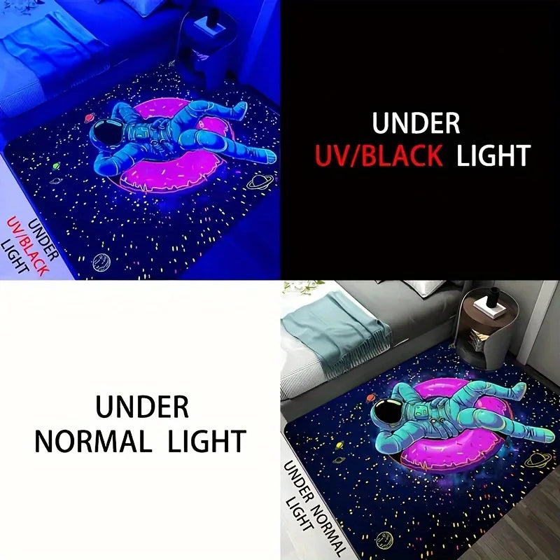 [Astronaut Mat] 1pc UV Blacklight Astronaut Area Mat - Vibrant Neon Space Design, Non-Slip Polyester Mat for Game Room