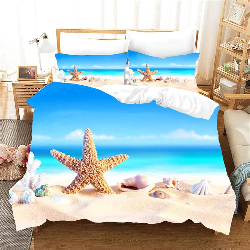 Beach Duvet Cover Set Polyester Tropical Island with The Palm Tree and Sea Beach Nature Theme Double Queen King Size Quilt Cover