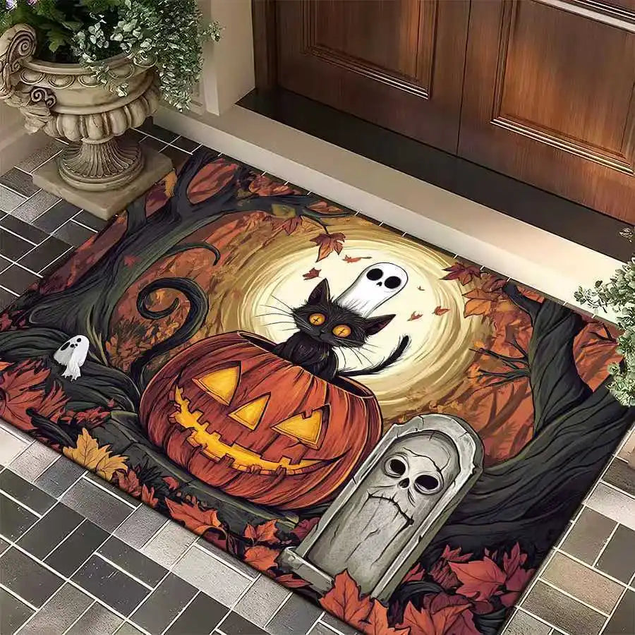 1pc Halloween Rug Lovely Cat Ghost Pumpkin 3D Print Non-slip Rug Entrance Mat Home Living Room Bedroom Ornament Halloween Decor