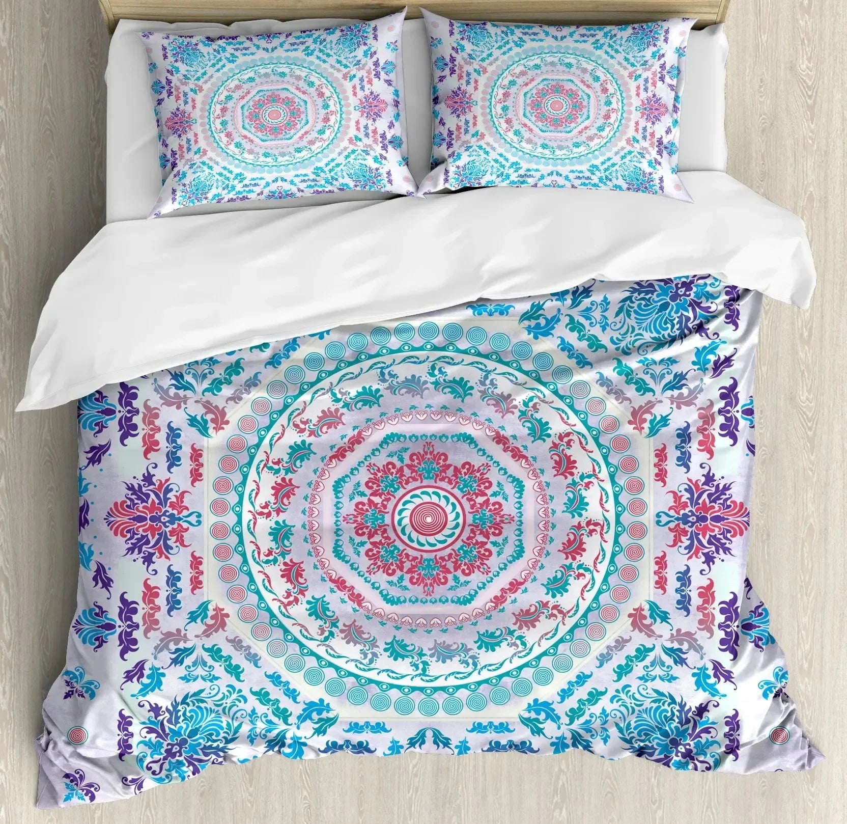 South Mandala Floral Duvet Cover Set,Vibrant Color Ornamental Illustration Bedding Set Bohemian Mandala Lotus Design Quilt Cover