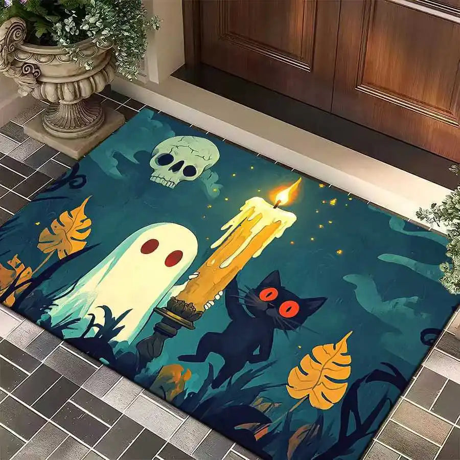 1pc Halloween Rug Lovely Cat Ghost Pumpkin 3D Print Non-slip Rug Entrance Mat Home Living Room Bedroom Ornament Halloween Decor