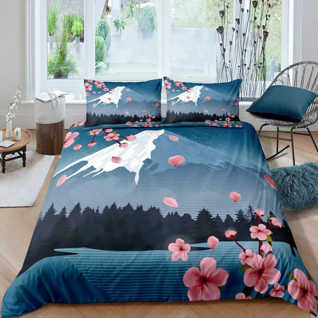Japanese-Style Duvet Cover Set for Girl Polyester Mount Fuji Comforter Cover Cherry Blossoms Flower Ink Hand Painted Quilt Cover