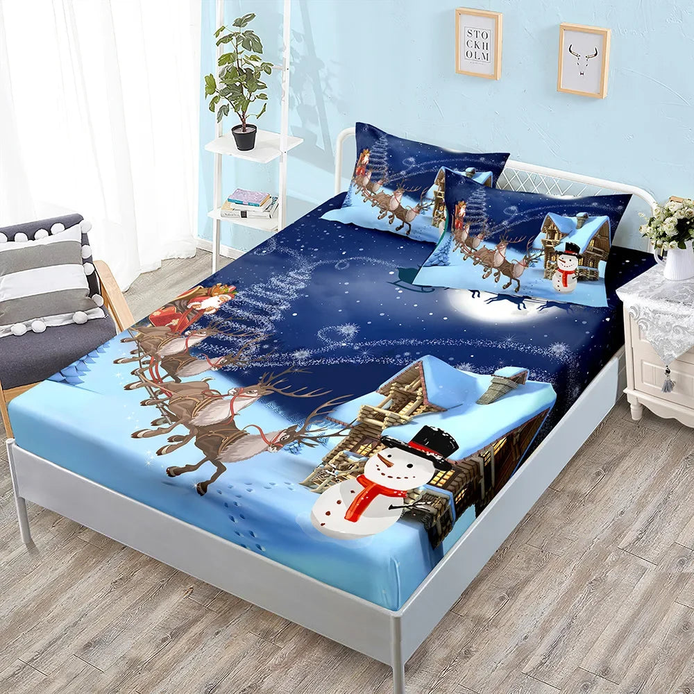 Winter Printed Fitted Sheet Santa Claus Snowflake Polyester Elastic Band Mattress Cover Pillowcase Fashion Bedding Bedroom Decor