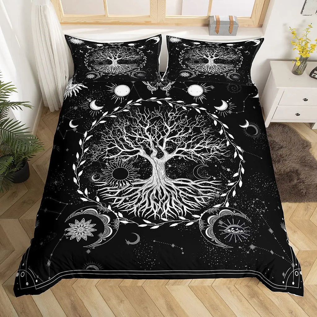 Sun and Moon Duvet Cover Black and White Bedding Soft Tree of Life All Galaxy Stars Mandala Tribal Quilt Cover Decor for Women