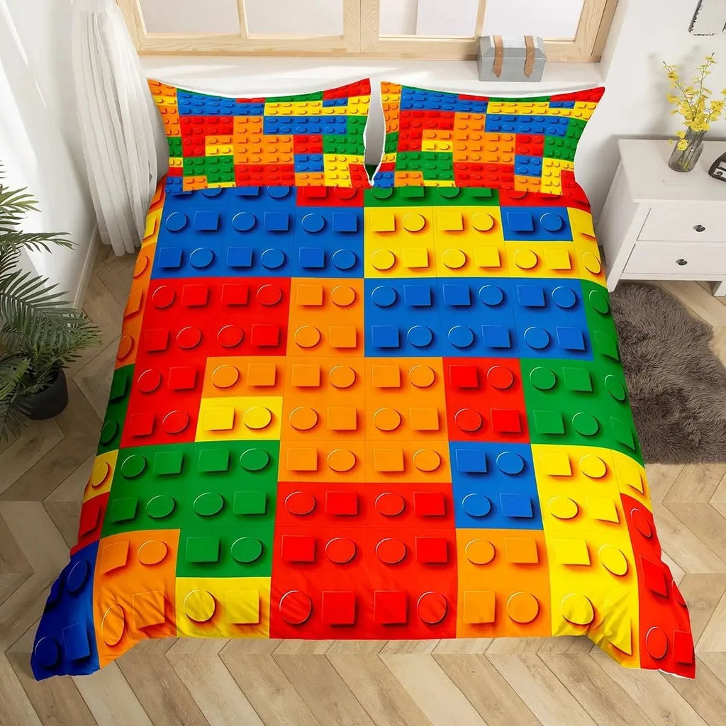 Construction Bedding Set Colorful Polyester Comforter Cover 3D Building Blocks Duvet Cover Kids Boys Rainbow Bricks Quilt Cover