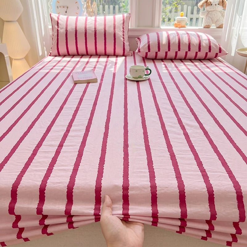 1pc Pink Blue Striped Fitted Sheet Deep Pocket Elastic Mattress Cover Single Double Queen King Bedroom Decor For Girls Boys