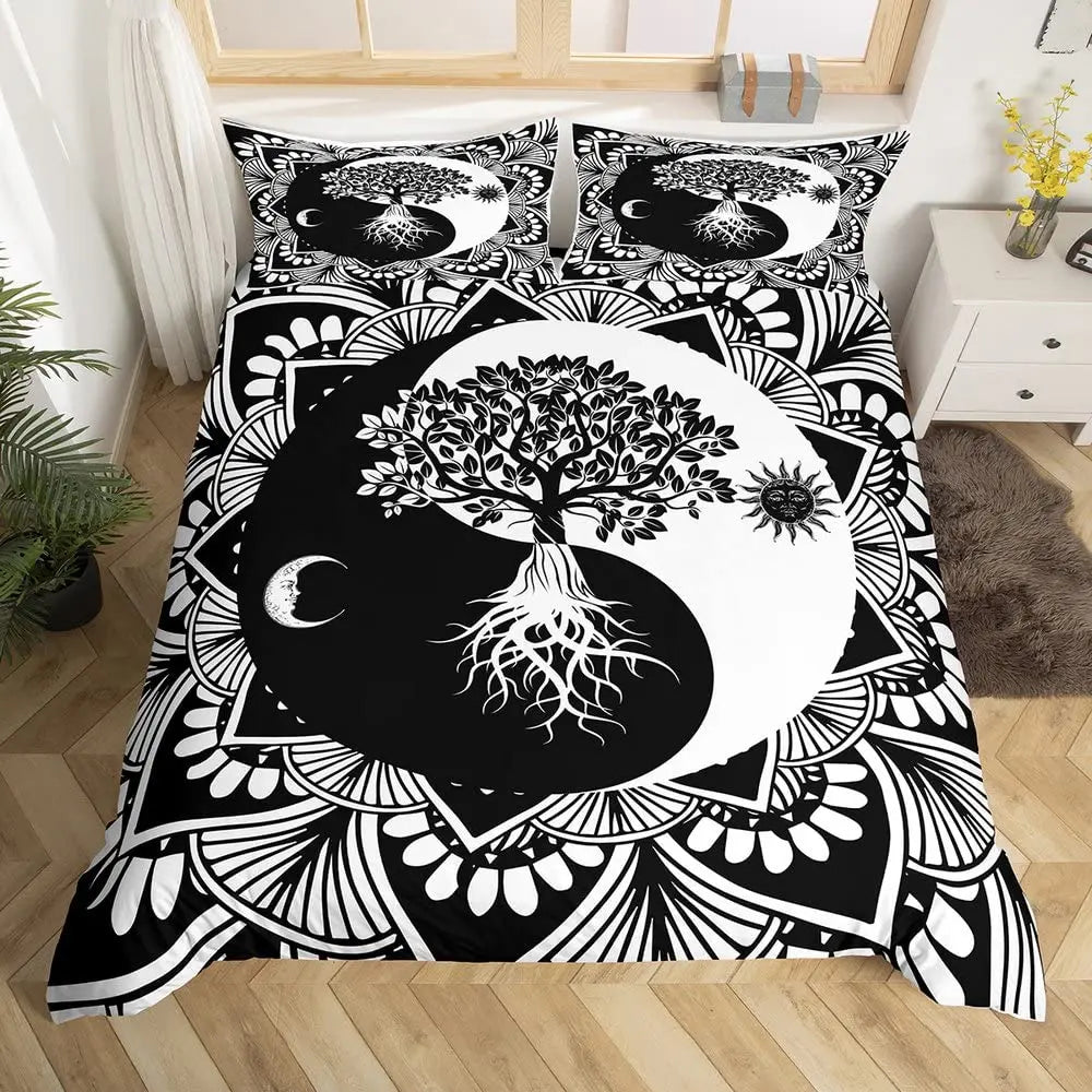 Sun and Moon Duvet Cover Black and White Bedding Soft Tree of Life All Galaxy Stars Mandala Tribal Quilt Cover Decor for Women