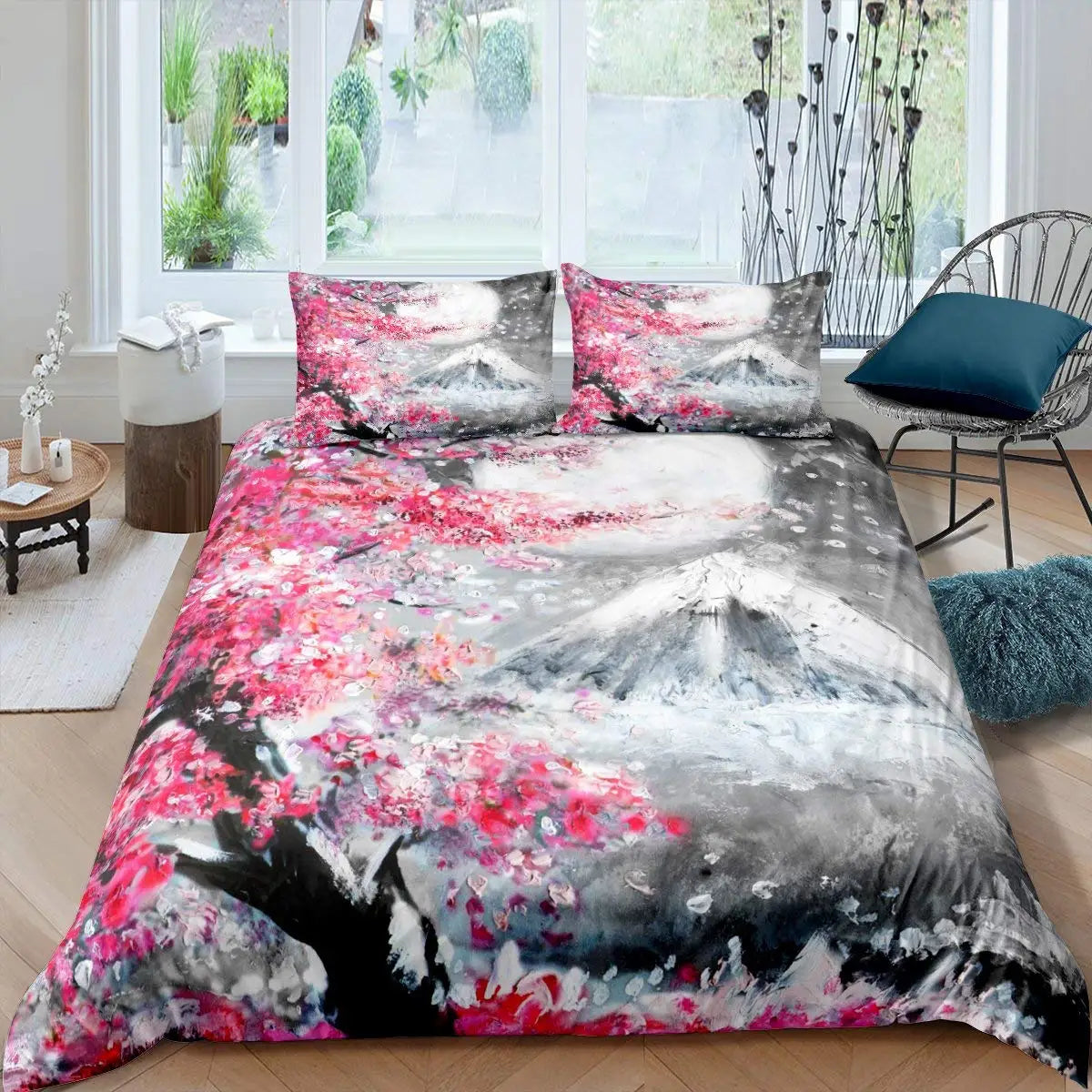 Japanese-Style Duvet Cover Set for Girl Polyester Mount Fuji Comforter Cover Cherry Blossoms Flower Ink Hand Painted Quilt Cover