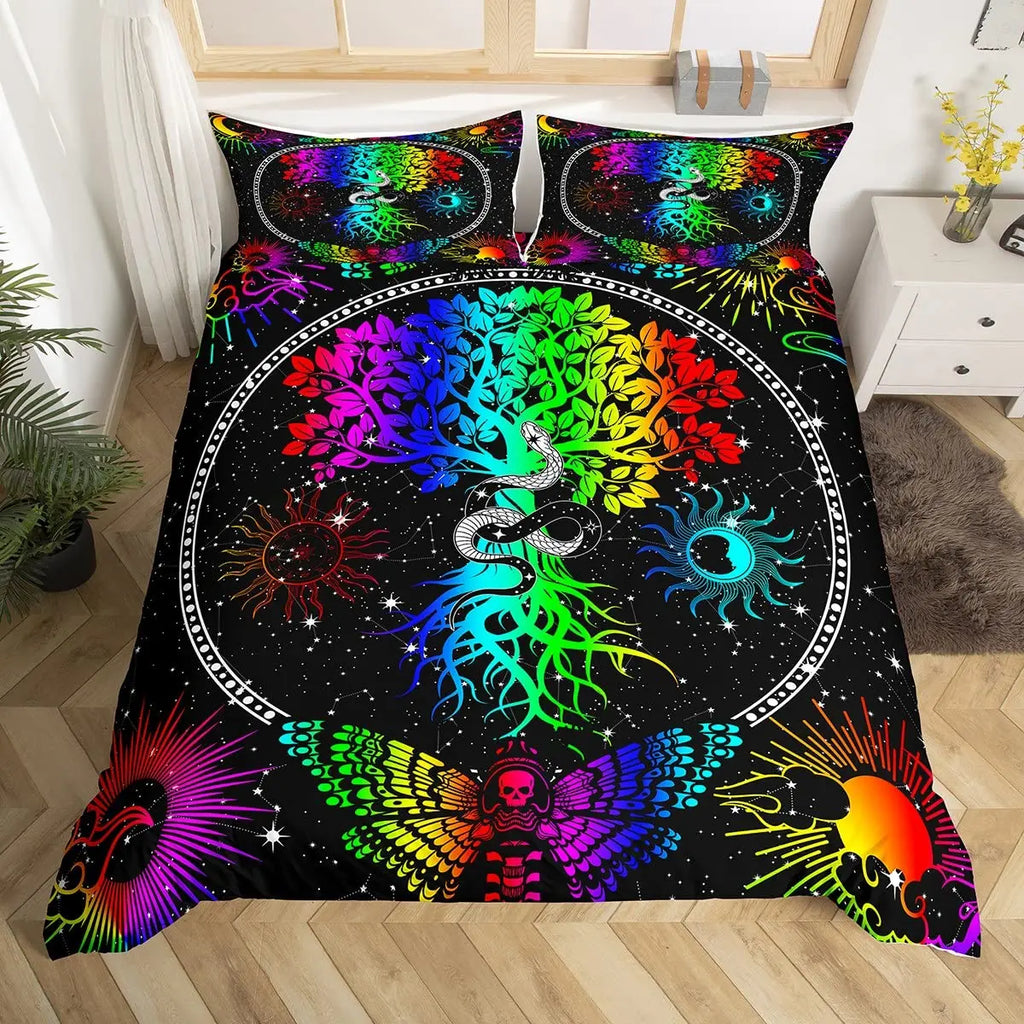 Sun and Moon Duvet Cover Black and White Bedding Soft Tree of Life All Galaxy Stars Mandala Tribal Quilt Cover Decor for Women