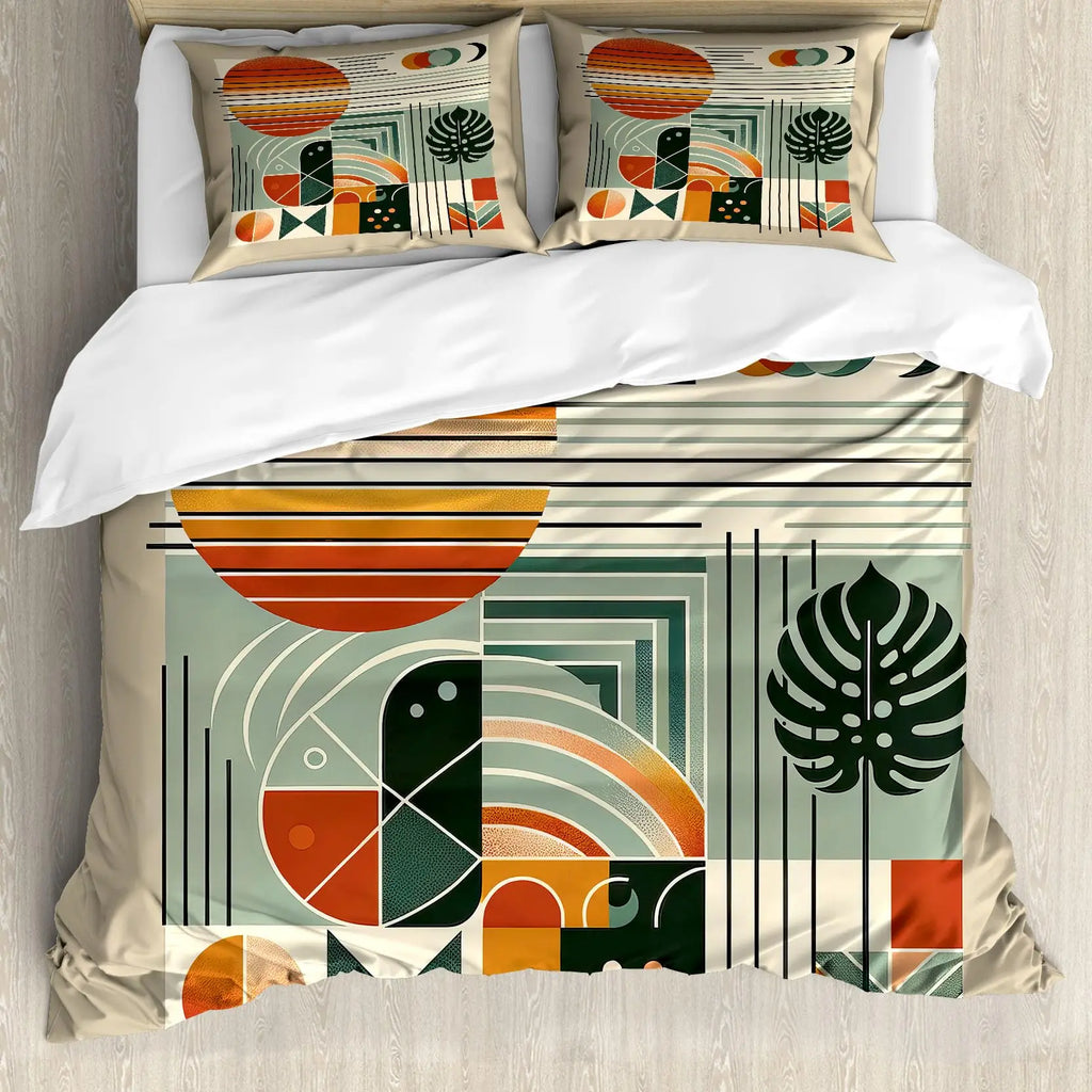 Medieval Boho Century Modern Duvet Cover Set Abstract Geometric Rainbow Sun Circles Comforter Cover Microfiber Soft Bedding Set