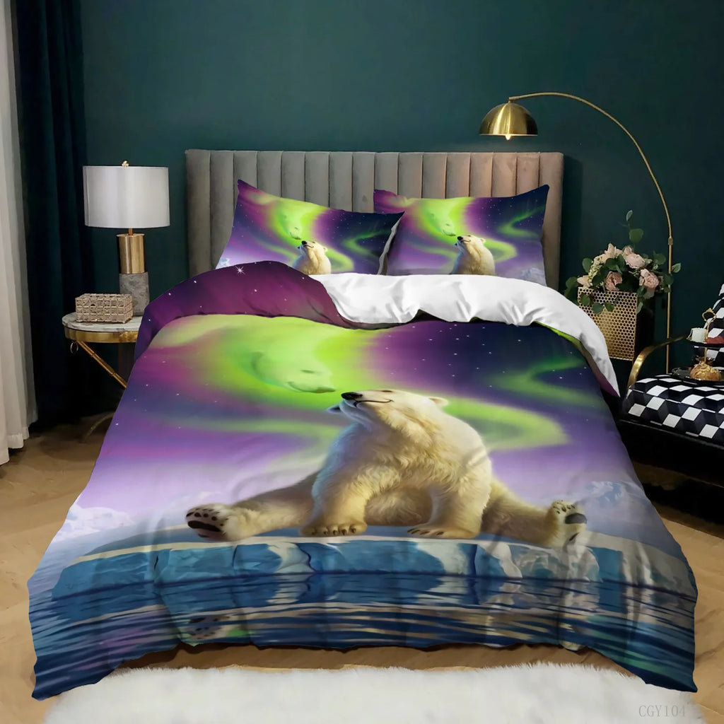 Aurora Borealis Polyester Duvet Cover Set Tree Under Magnetic Field Of Nature With Northern Lights Landscape Picture King Size