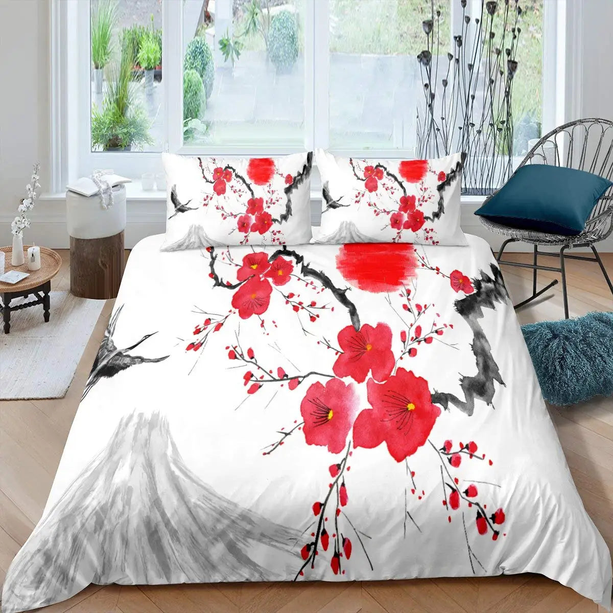 Japanese-Style Duvet Cover Set for Girl Polyester Mount Fuji Comforter Cover Cherry Blossoms Flower Ink Hand Painted Quilt Cover
