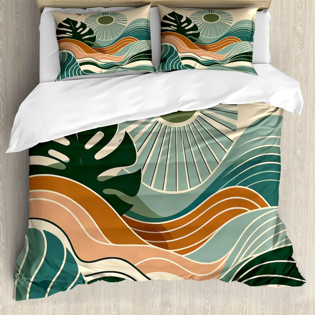 Medieval Boho Century Modern Duvet Cover Set Abstract Geometric Rainbow Sun Circles Comforter Cover Microfiber Soft Bedding Set