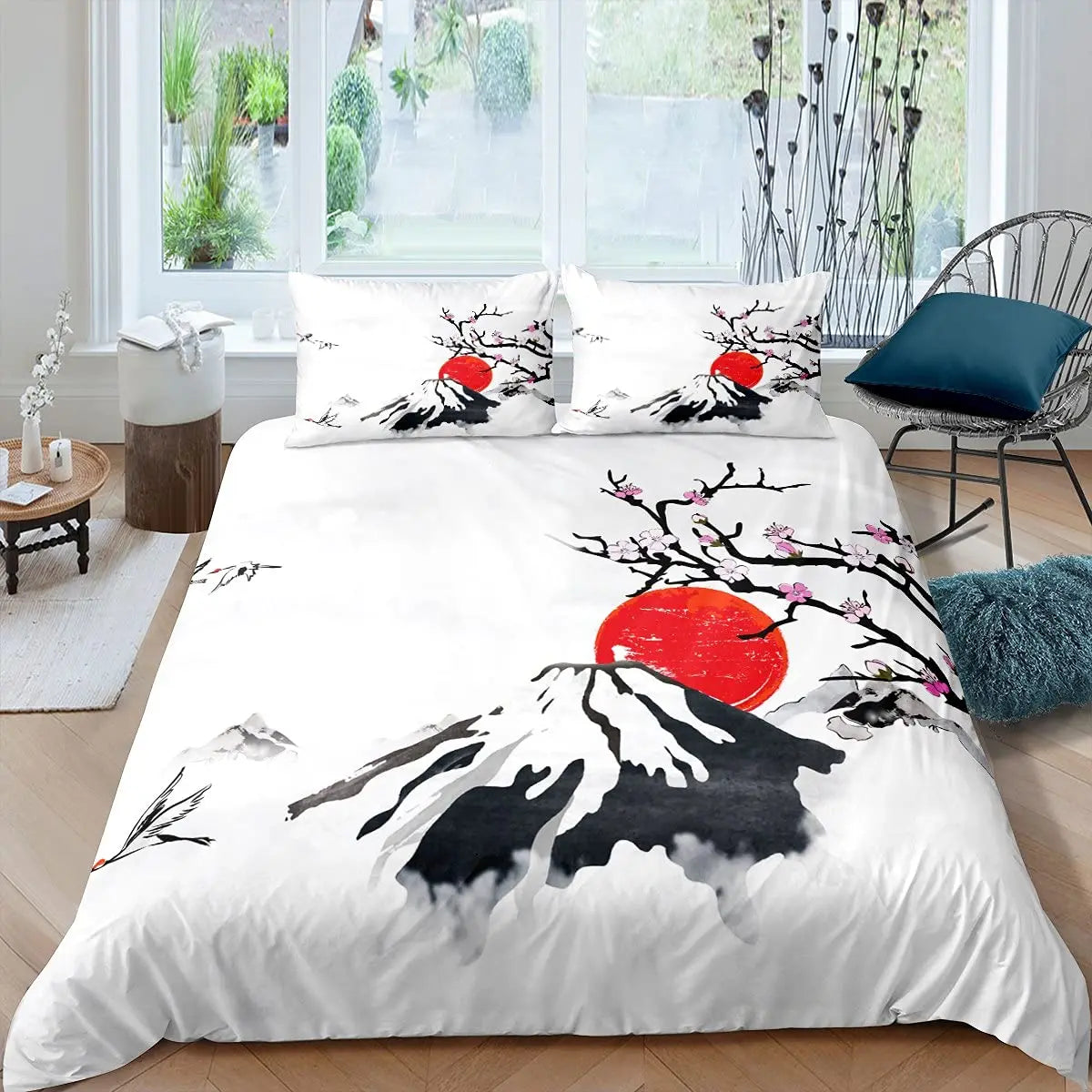 Japanese-Style Duvet Cover Set for Girl Polyester Mount Fuji Comforter Cover Cherry Blossoms Flower Ink Hand Painted Quilt Cover