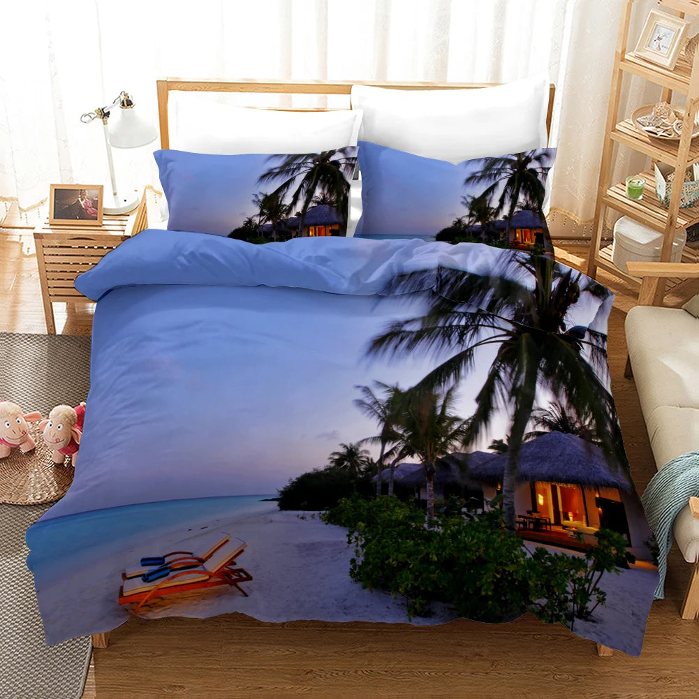 Beach Duvet Cover Set Polyester Tropical Island with The Palm Tree and Sea Beach Nature Theme Double Queen King Size Quilt Cover