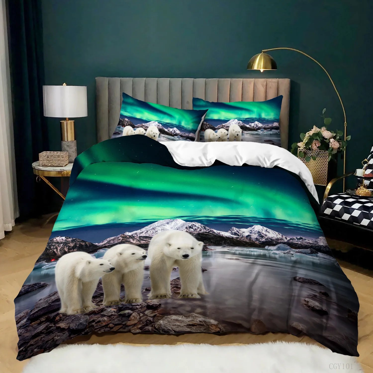 Aurora Borealis Polyester Duvet Cover Set Tree Under Magnetic Field Of Nature With Northern Lights Landscape Picture King Size
