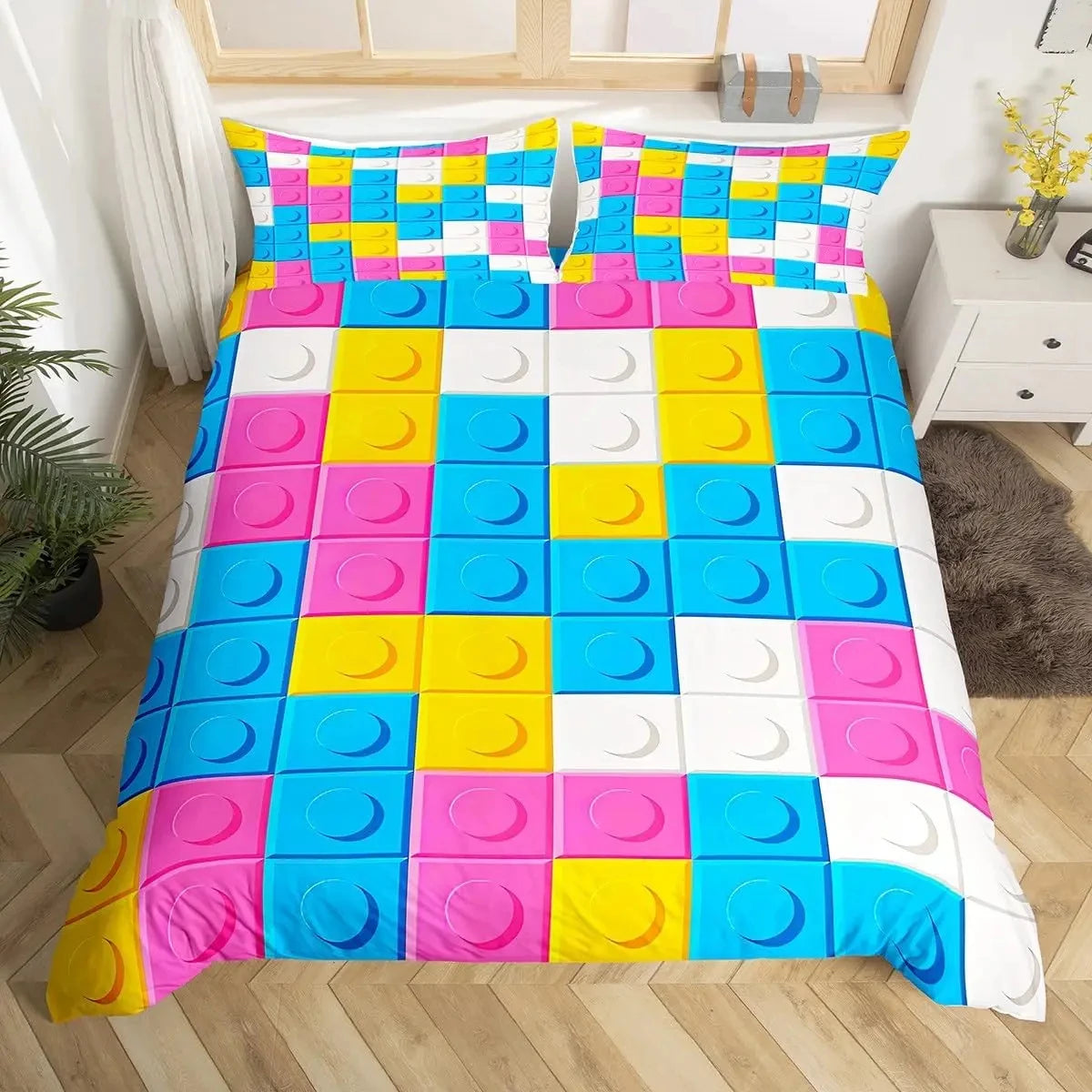 Construction Bedding Set Colorful Polyester Comforter Cover 3D Building Blocks Duvet Cover Kids Boys Rainbow Bricks Quilt Cover
