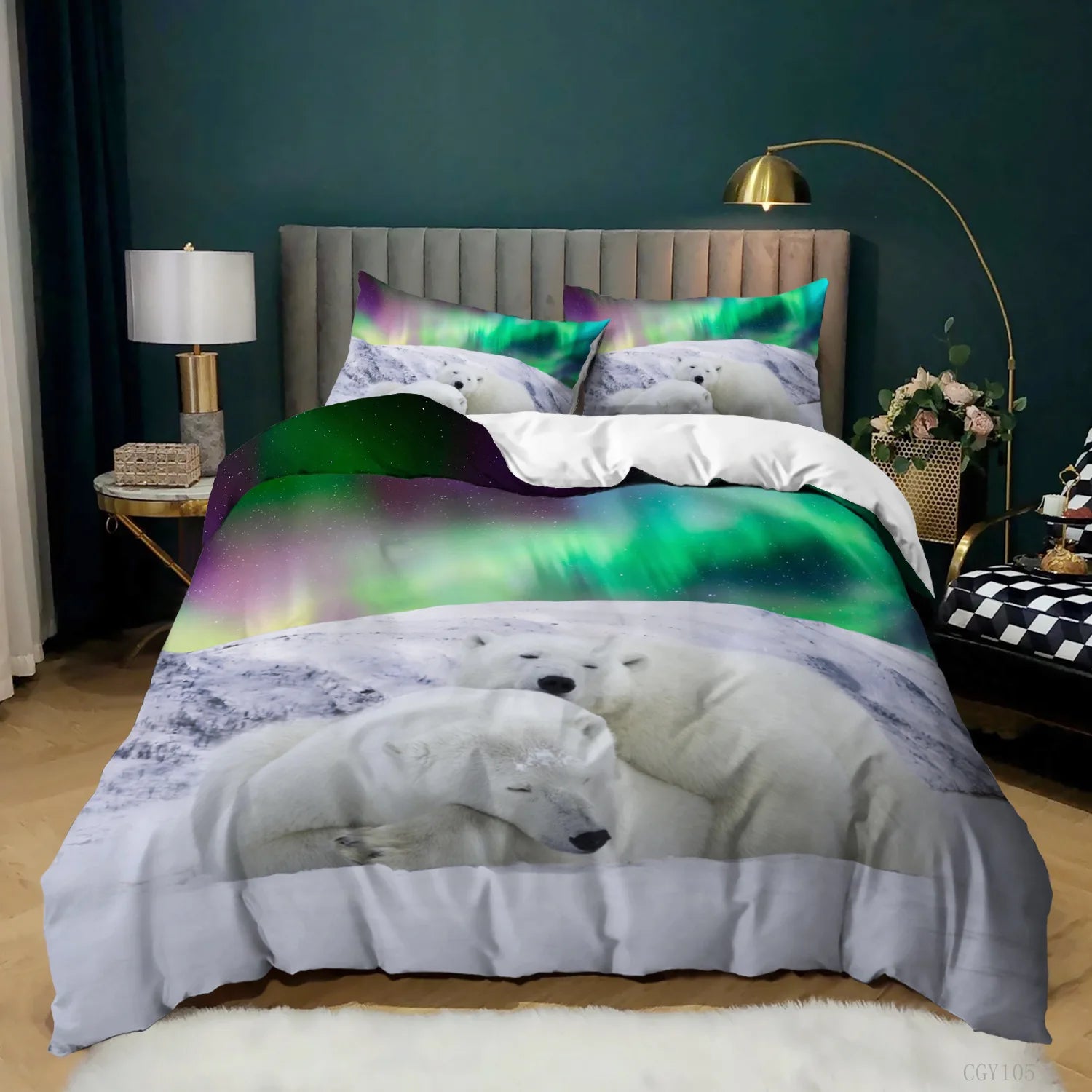 Aurora Borealis Polyester Duvet Cover Set Tree Under Magnetic Field Of Nature With Northern Lights Landscape Picture King Size