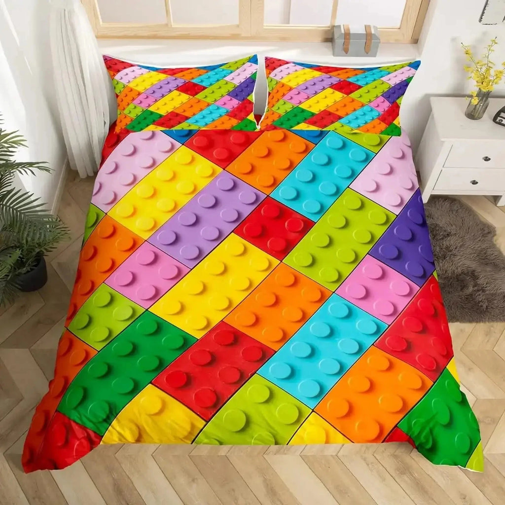 Construction Bedding Set Colorful Polyester Comforter Cover 3D Building Blocks Duvet Cover Kids Boys Rainbow Bricks Quilt Cover