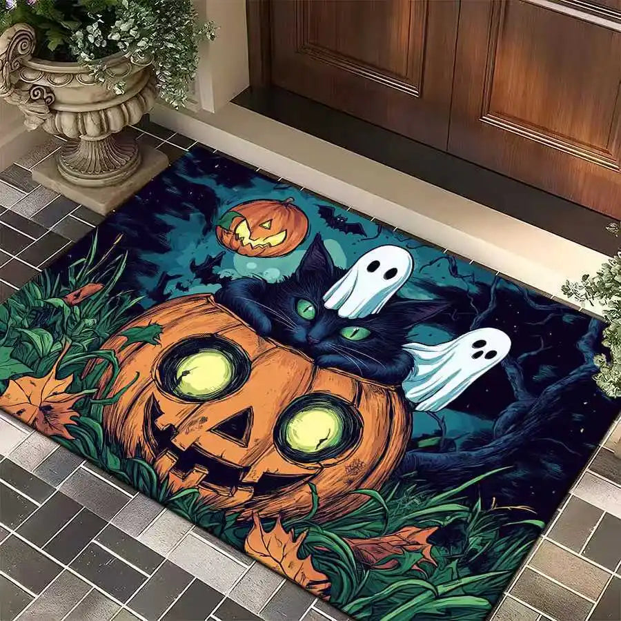 1pc Halloween Rug Lovely Cat Ghost Pumpkin 3D Print Non-slip Rug Entrance Mat Home Living Room Bedroom Ornament Halloween Decor