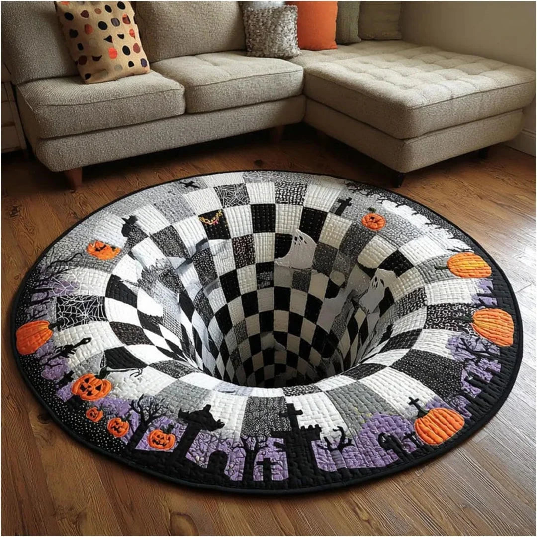Horror Halloween Round Rug Bat Cat Skull Printed Plush Surface Non-slip Carpet for Home Outdoor Decor Door Mat
