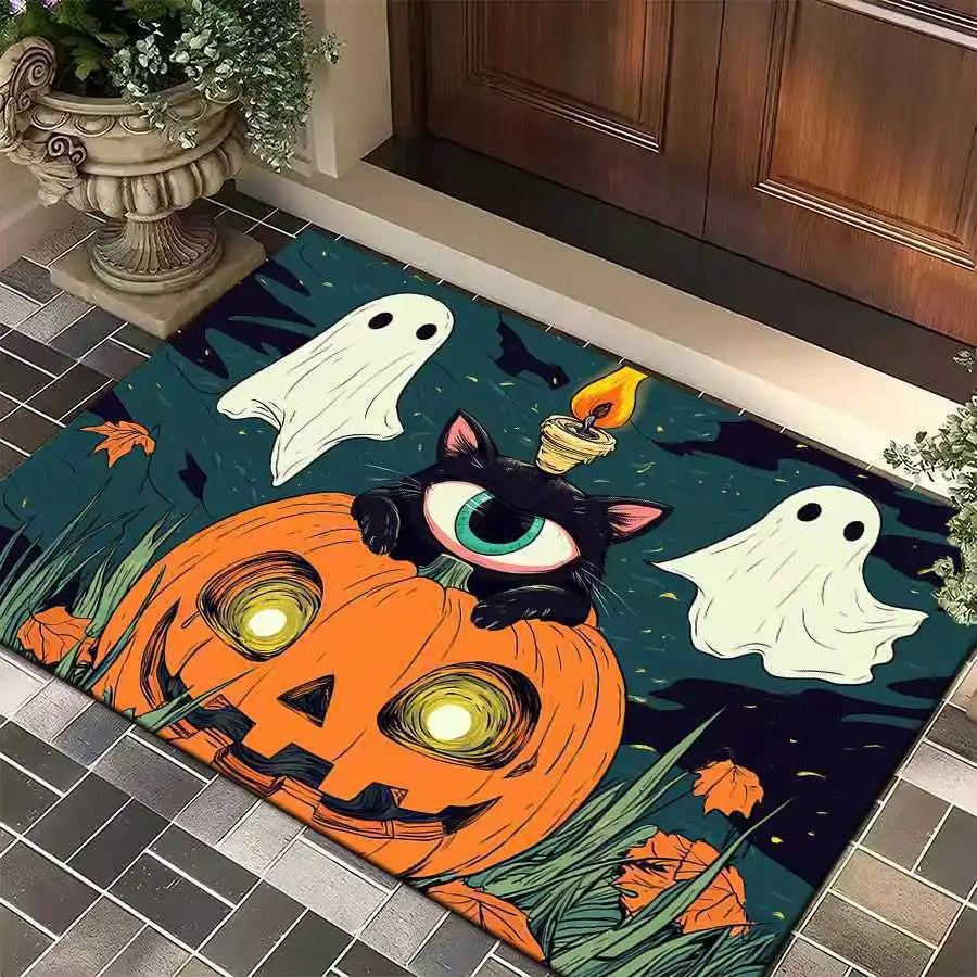 1pc Halloween Rug Lovely Cat Ghost Pumpkin 3D Print Non-slip Rug Entrance Mat Home Living Room Bedroom Ornament Halloween Decor