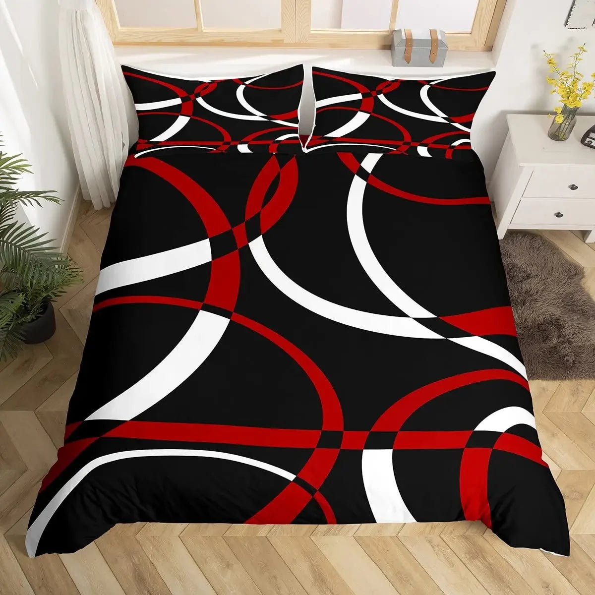 Red and Black Geometric Circles Duvet Cover Set - LinQton Custom product photo